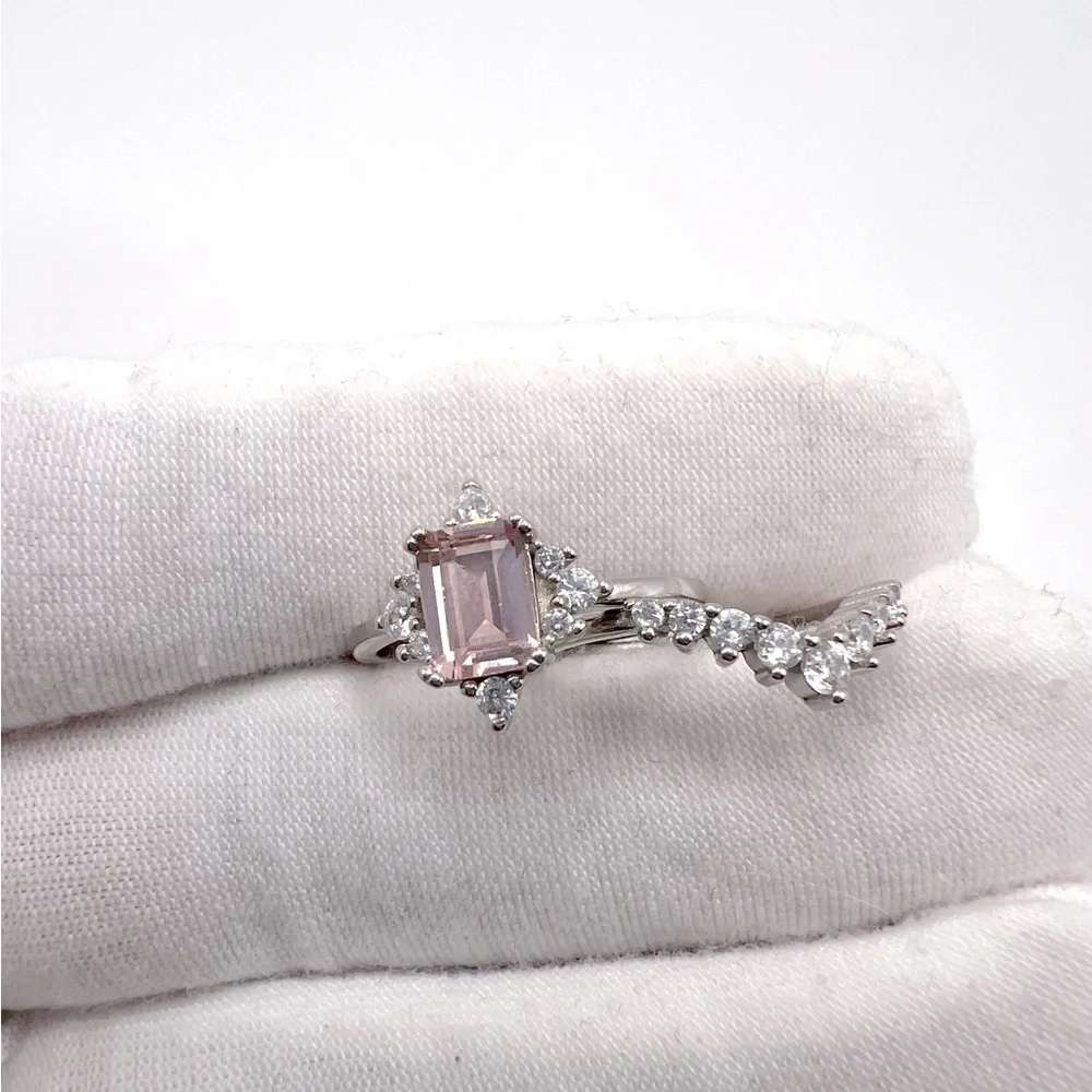 .925 Sterling Silver Light Morganite Cz & Clear Cz 2 PC Ring Set - Picture 5 of 17